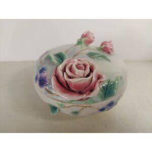 Franz Porcelain Pink Roses Dresser Jar, Trinket Dish w/ Lid FZ00701